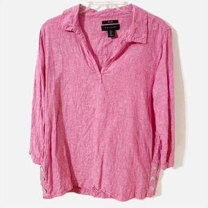 Tahari Linen Pointed Collar Tunic Top Side Vents Mother of Pearl Button CoverUp